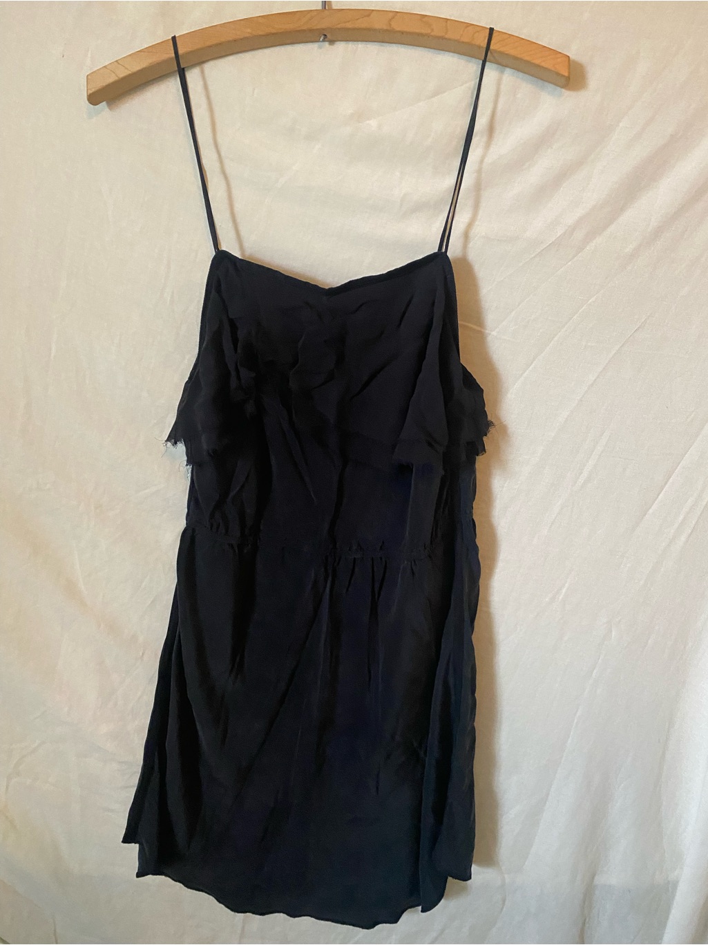 Wilfred Black 100% Silk Spaghetti Strap Mini Dress - Ruffle Layered Chest- Small